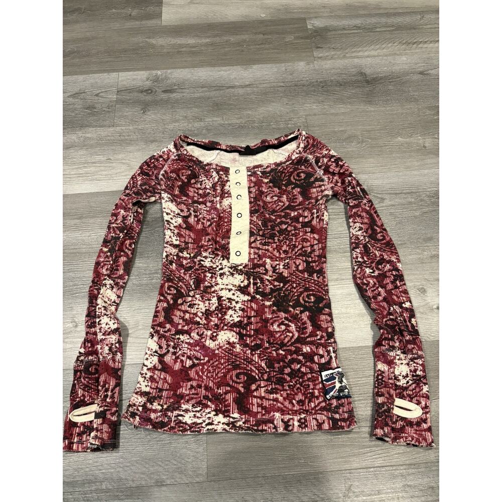 Truth Women Shirt Top Ribbed Long Sleeve Henley Style Purple